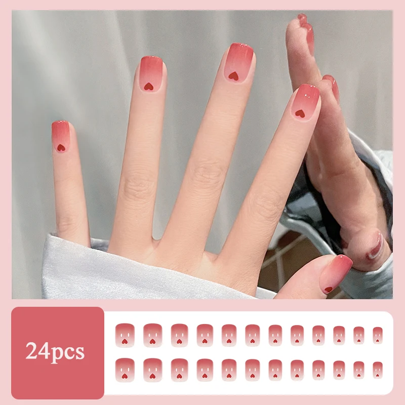 24Pcs Nude Pink Powder Blusher Style Fake Nail Tips Short Square Head False Nails Heart Gradient Wearable Finished Fake Nails