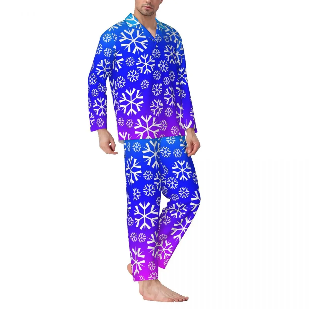 White Snowflake Pajamas Men Purple and Blue Cute Soft Daily Sleepwear Autumn Two Piece Casual Oversize Custom Pajama Set