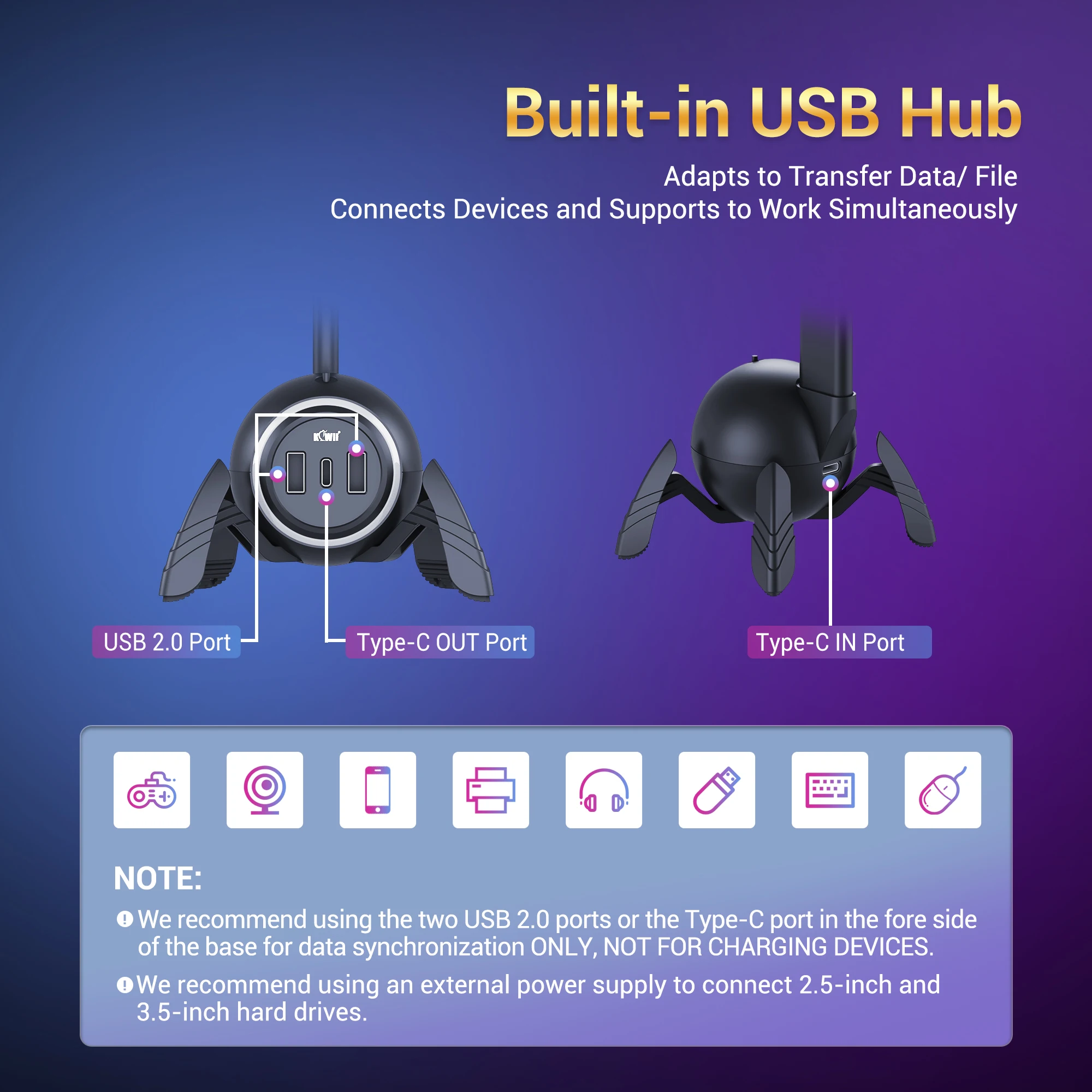 KIWIFOTOS RGB Lights Headphone Stand with Type-C USB Ports Headphone Holder for All Headsets Gamers Gaming PC Accessories Desk