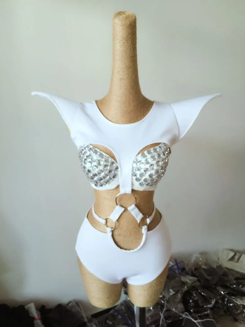 

Sexy Pole Dance Costume Exaggerated Flying Shoulder Hollow Out Bodysuit Rhinestone Bikini Bar Gogo Dance Rave Outfit