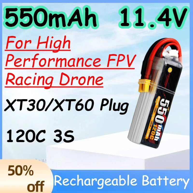 

550mAh 3S 11.4V 120C Replace Rechargeable Lipo Battery for High Performance FPV Racing Drone Battery with XT30/XT60 Plug