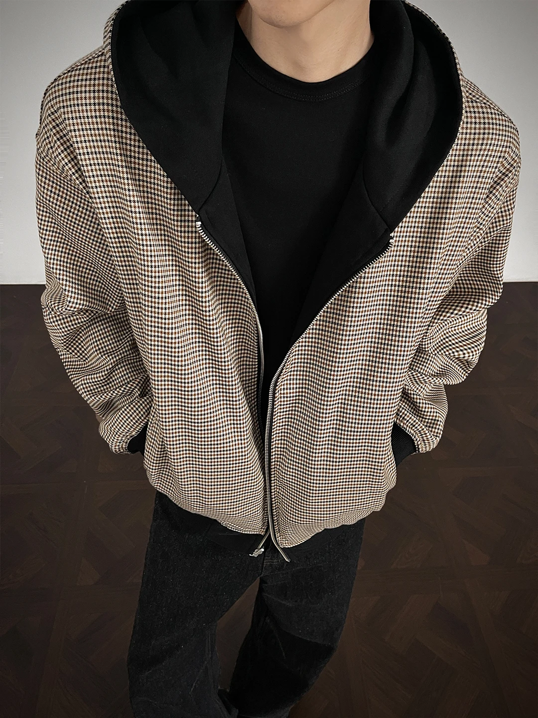 

Double-Sided Wear Plaid Open Cardigan Sweatirt Men's Sle 2025 Autumn Trendy American Retro Silhouette Hoodie Casual Jaet