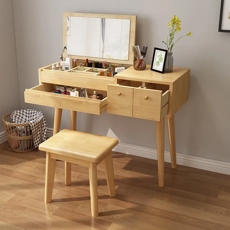 Nordic solid wood dresser clamshell with mirror modern simple small apartment bedroom Internet celebrity ins style makeup table