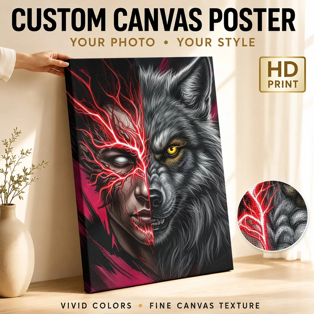 Human and Wolf Hybrid Portrait Canvas Painting Poster Customized Photo Funny Animal Canvas Wall Art for Kitchen Bathroom Decor