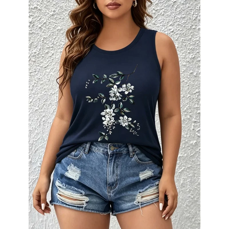 

Floral print large-sized fashionable round-neck pullover for women - summer ladies' sports sleeveless pullover