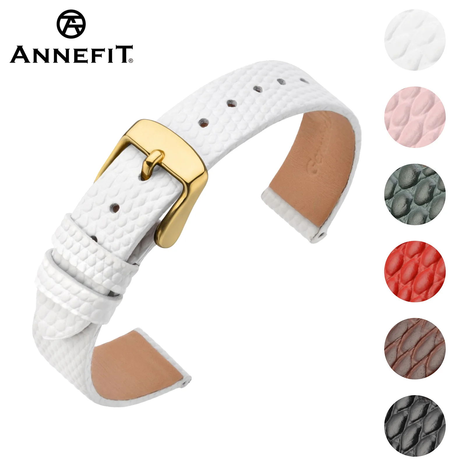 ANNEFIT Leather Watch Band for Women 12mm 14mm 16mm 18mm 20mm Lizard Grain Slim Thin Replacement Strap Stainless Steel Buckle