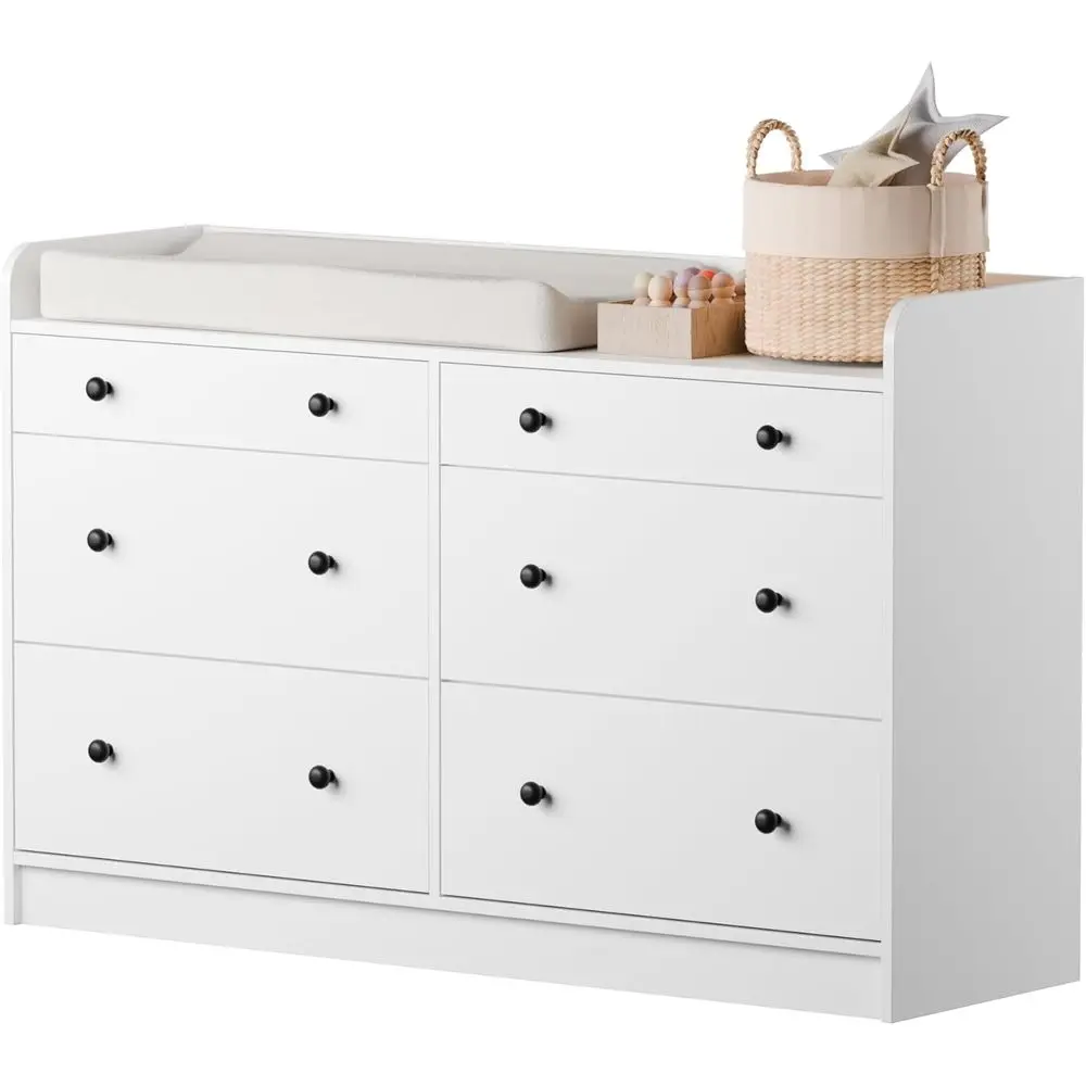 

6-Drawer Multi-Functional Chest with High Rails for Nursery, Children's or Bedroom in White