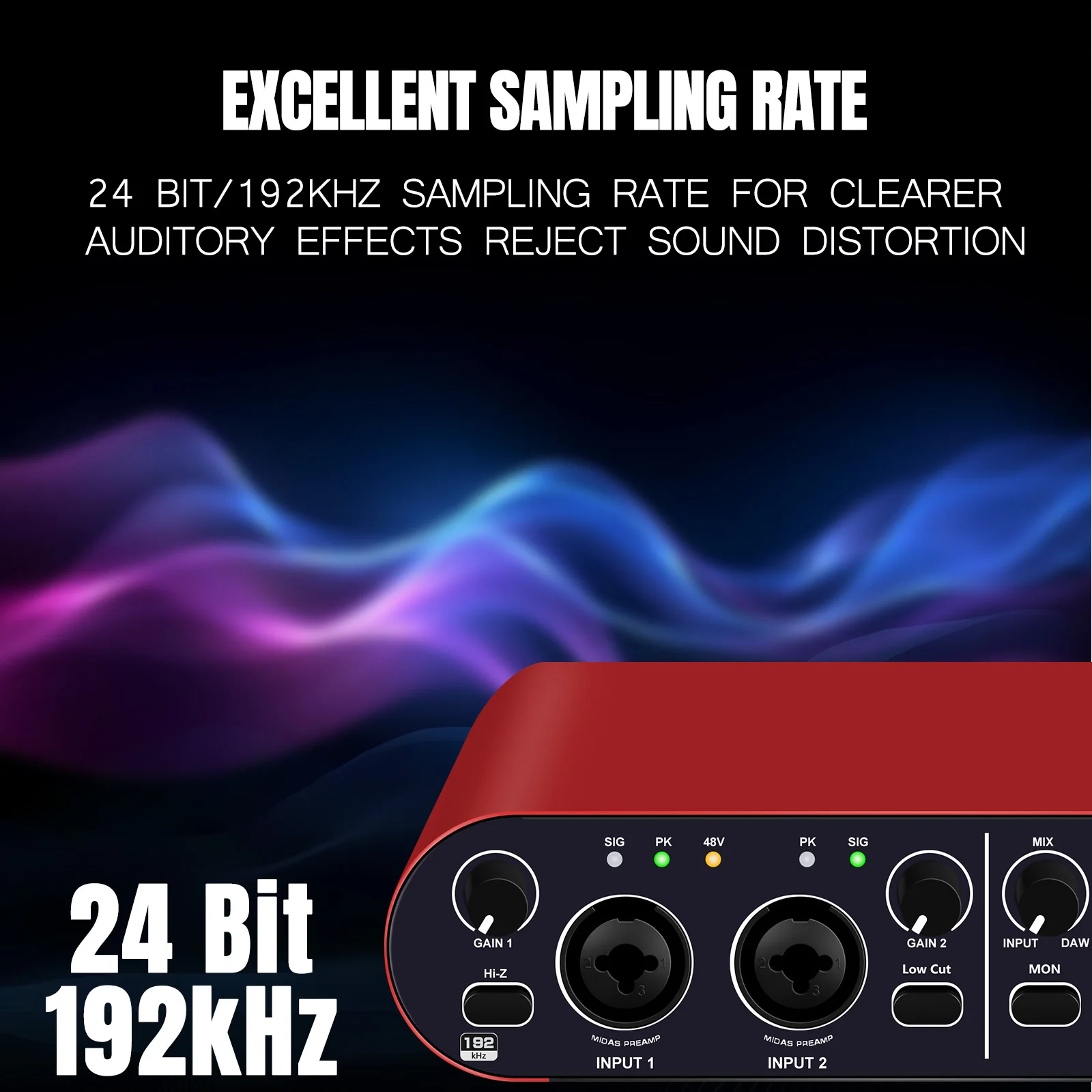 

Audio interface 24bit/192 kHz+48Vphantom power supply for recordingpodcasts and streaming,ultra-lowlatency,noise free