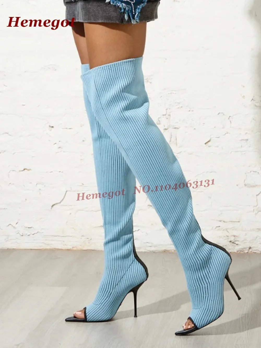 Knit Denim Blue Stiletto Sandal Boots Open Toe Splicing Slip On Women's Over The Knee Boots Summer Autumn 2025 New Casual Shoes