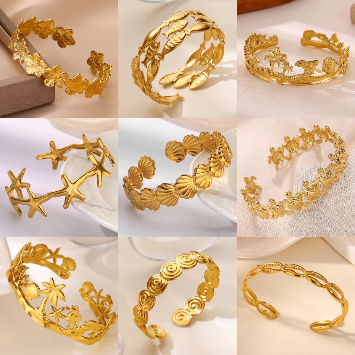 Mehrere Seestern Edelstahl Manschette Armreifen Armband Für Frauen Gold Farbe Sommer Wasserdichte Armband Zubehör Schmuck Geschenk