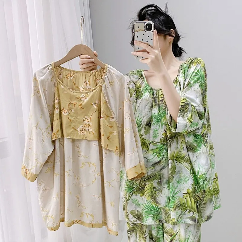 New Spring and Summer Cotton Silk Pajamas Women Round Neck Thin Summer Cool Moon Dress Silk Suit Big Size Beautiful Sleepwear