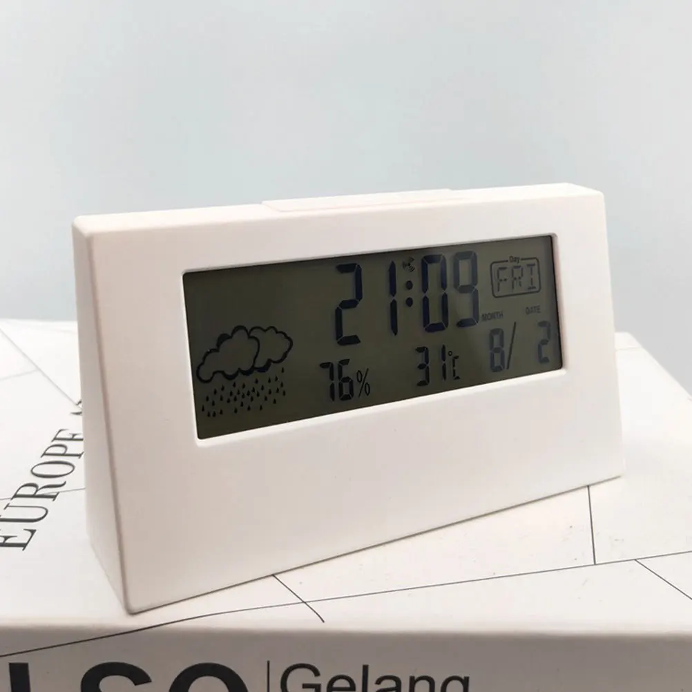 

White LCD Weather Display Alarm Clock Punctual Time Desktop Table Students Multi-Function Electronic Clock