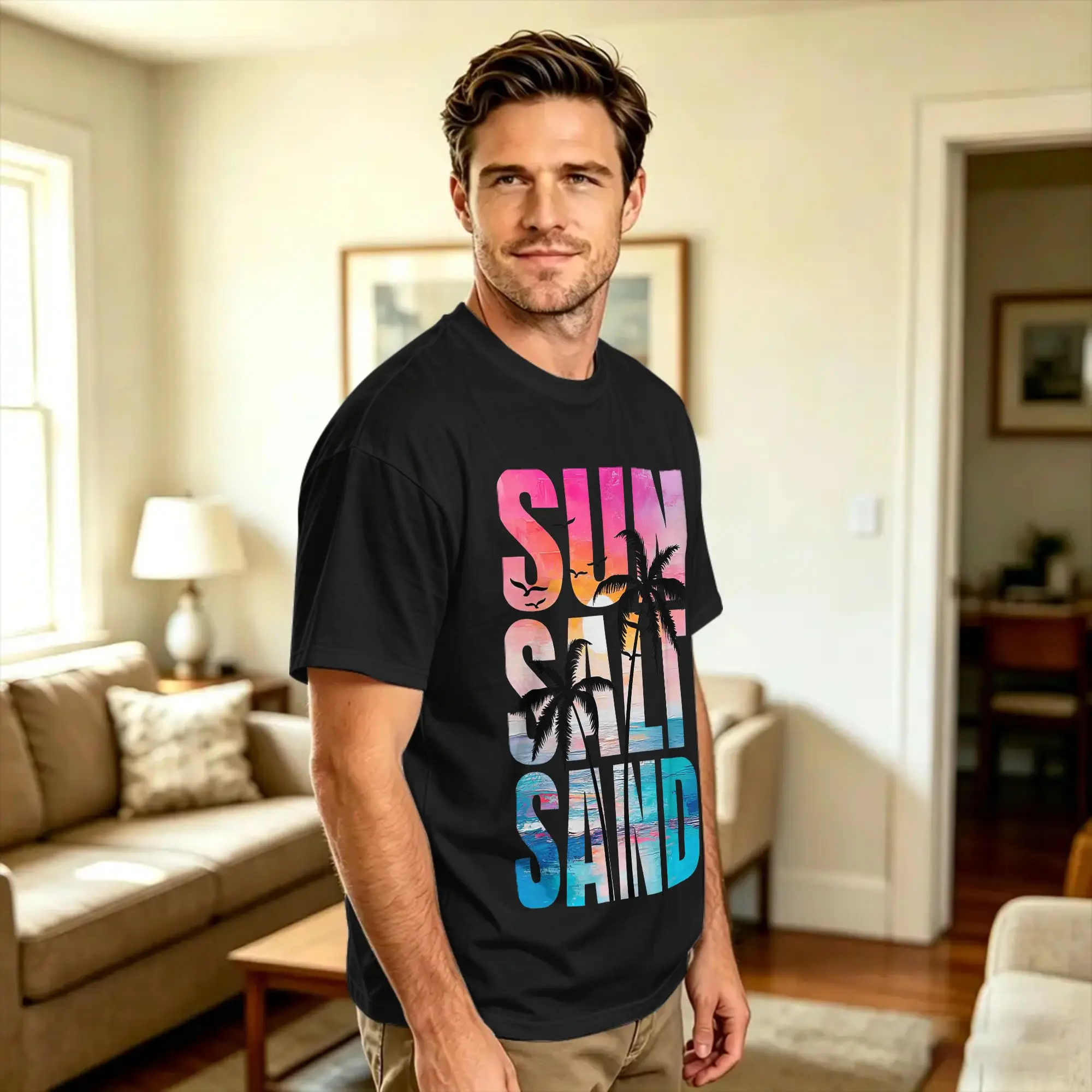 Vintage Summer Sun Salt Sand Palm Tree Sunset Beach Vacation T Shirt Beach  Pure Cotton T Shirts For Man Casual Tshirt