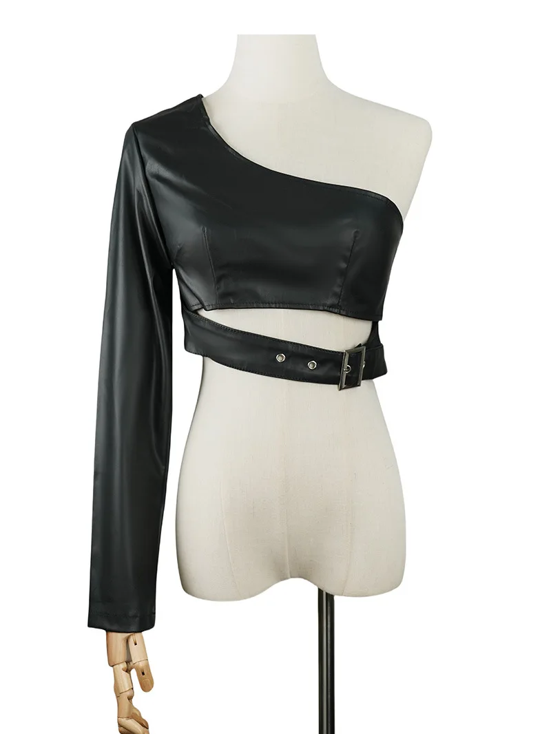 JHJN Chaqueta de cuero PU de un solo hombro sin cuello negra Cultivar el personaje moral Chaqueta corta irregular de baile callejero Rock