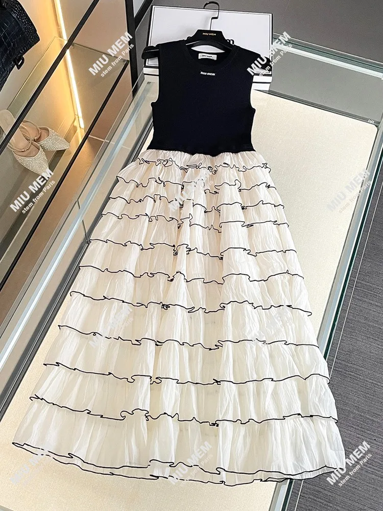 Verão cintura alta malha colete saia emenda camada bolo saia cintura alta a linha vestido feminino