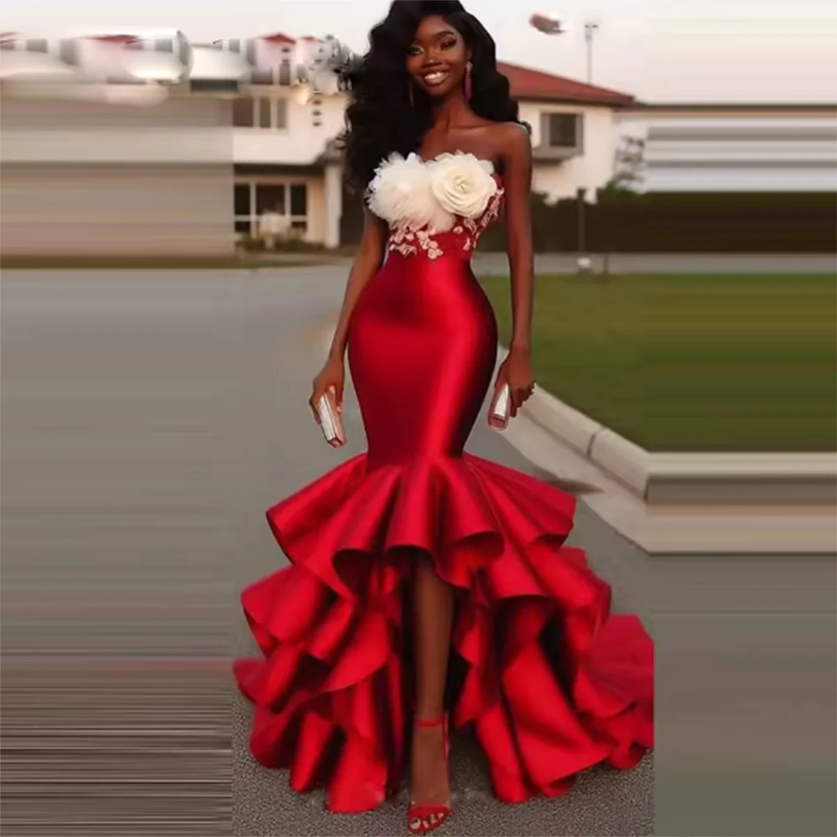 Red Tiered Satin Skirt High Waist  Mermaid Lady High Low Trumpet Skirt Formal Wear Zipper Waist Girls Birthday Party Skirt