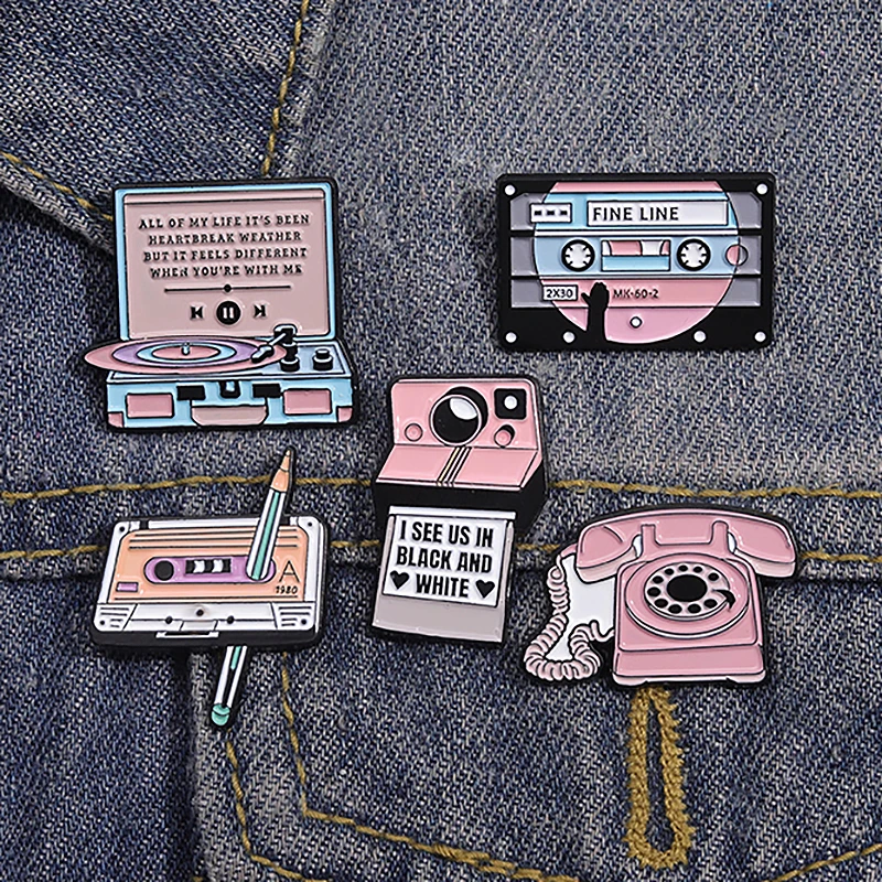 Retro Gramophone Enamel Pins Cartoon Fine Line Tape Camera Phone Brooches Lapel Badges Funny Jewelry Gift For Best Friend image 6