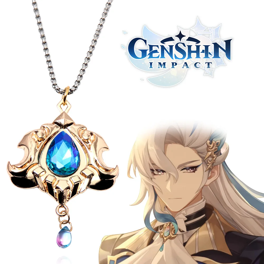 Genshin Impact Figure Neuvillette Pendant Necklace Furina Vision Blue Crystal Necklaces for Women Men Jewelry Accessories