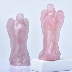 8cm Natural Rose Quartz Hand Carved Angel Figurine Healing Crystal Crafts Feng Shui Home Decor Christmas Present 1pc