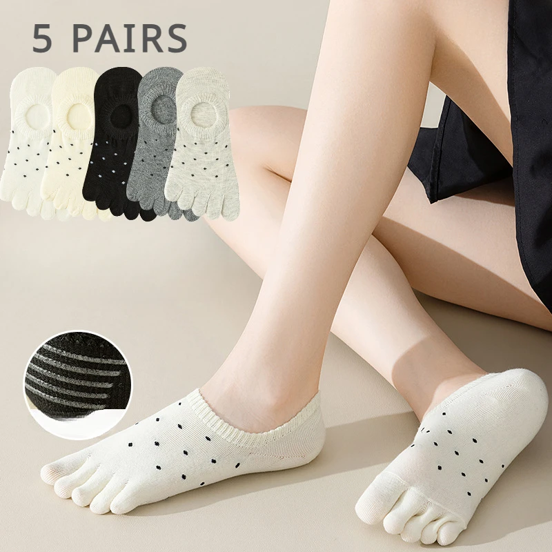 5 Pairs No Show Socks Women Non-slip Cotton Toe Socks with Separate Fingers Cute Dots Five Finger Slipper Socks Invisible
