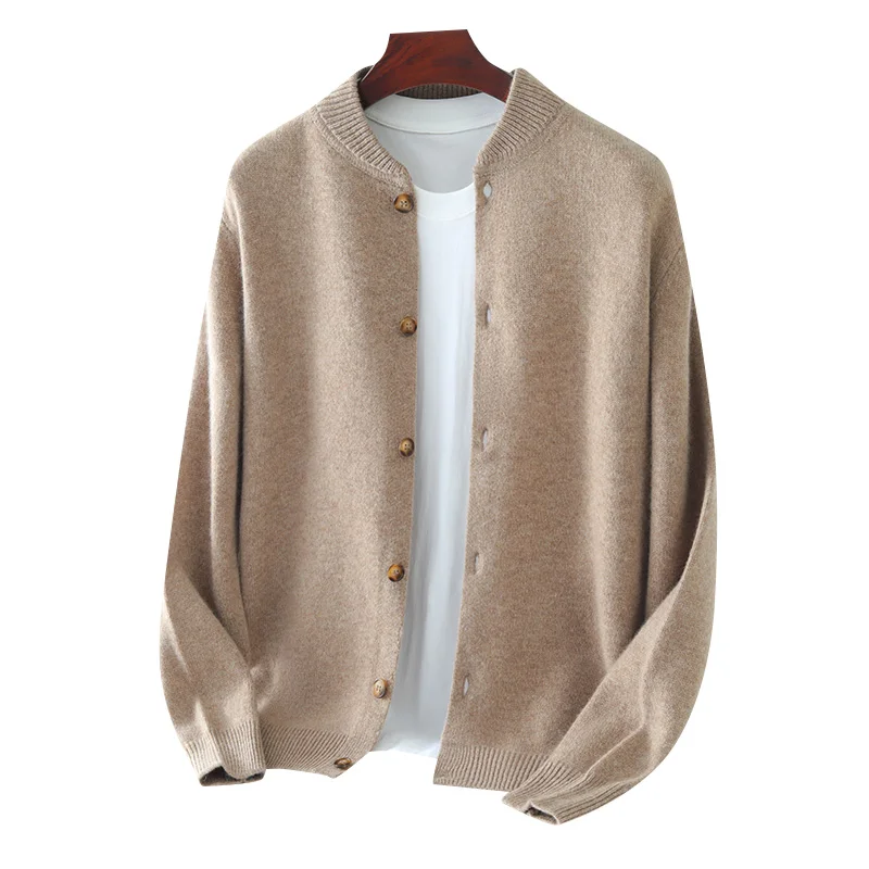 

2025 классический мужской вязаный кардиган с бейсбольным воротником, свитер из 100% чистой шерсти, однобортный, высококачественный, толстый, теплый, топы для отдыха