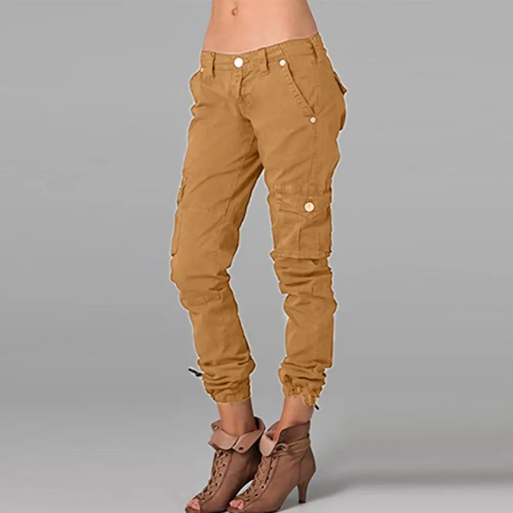 

Mid-Rise Multi Pockets Button Fly Women Trousers Spring Autumn Casual Ankle Banded Straight Cargo Pants Streetwear