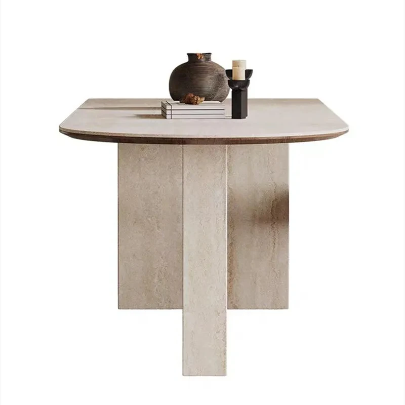 

Nordic cave stone rock slab dining table and chairs modern simple semi-oval island table solid wood table