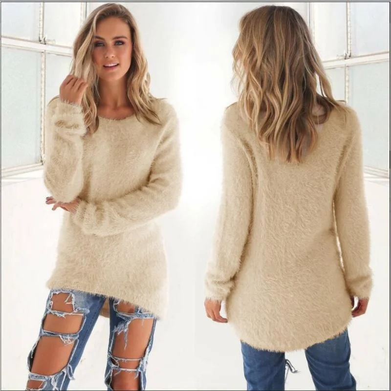 Plus Size Fashion Women\'s Loose Sweater Long Sleeve Plush Plush Warm Pullover Solid Color Round Neck Top Pullover Sweater