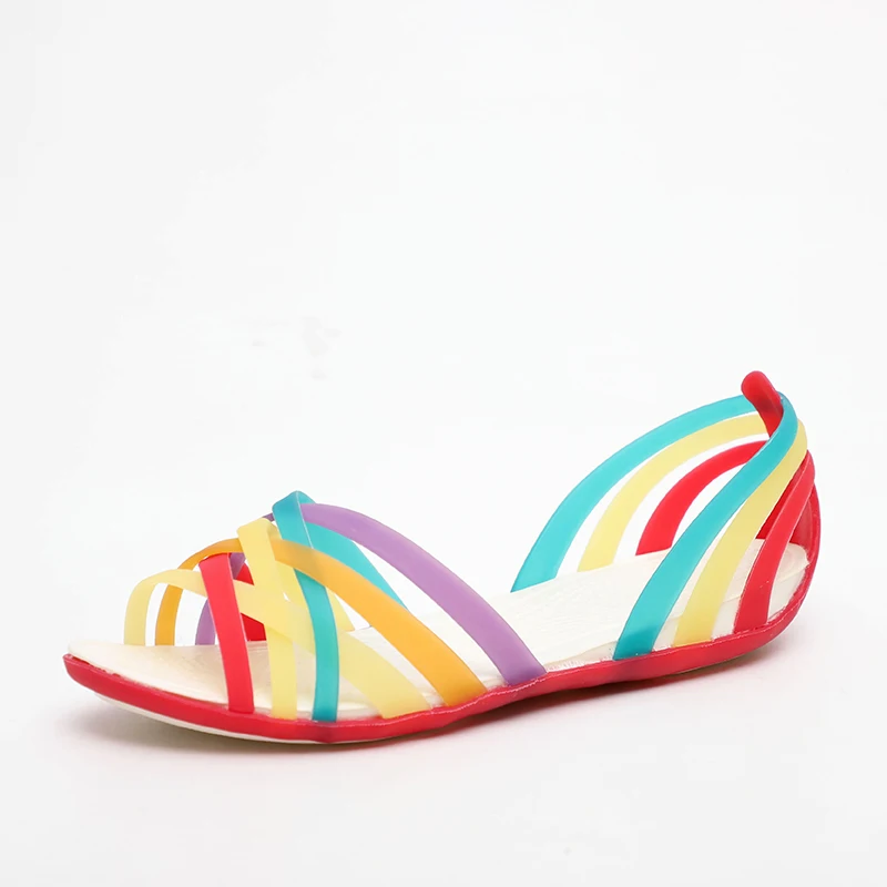 Women Rainbow Jelly Sandals Candy Color Peep Toe Female Flat Beach Shoes Slip On Slides Casual Ladies Summer Footwear