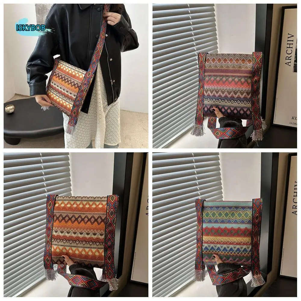 

Tassel Ethnic Style Crossbody Bags Large Capacity Woven Bag Fringe Shoulder Bag Messenger Bag Geometric Bohemian Shoulder Bag