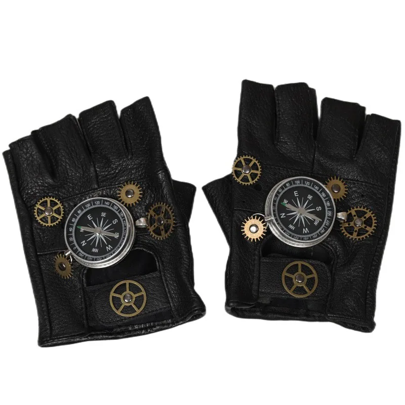 Medieval Men Women Steampunk PU Leather Compass Gloves Fingerless Fashion Hip Hop Punk Gloves Half Finger Gloves Cosplay Prop