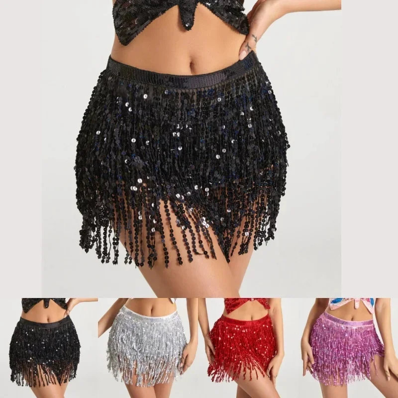 Халат для латиноамериканских танцев Hula avec пайетки à la taille jupe courte écharpe de hanche с помпоном à feeling couches performance de fête