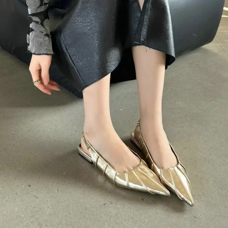 2024 New Spring and Summer Fold Half Drag Flat Shallow Mouth Pointed Sandals Soft Flat Shoes Women's Single Shoes