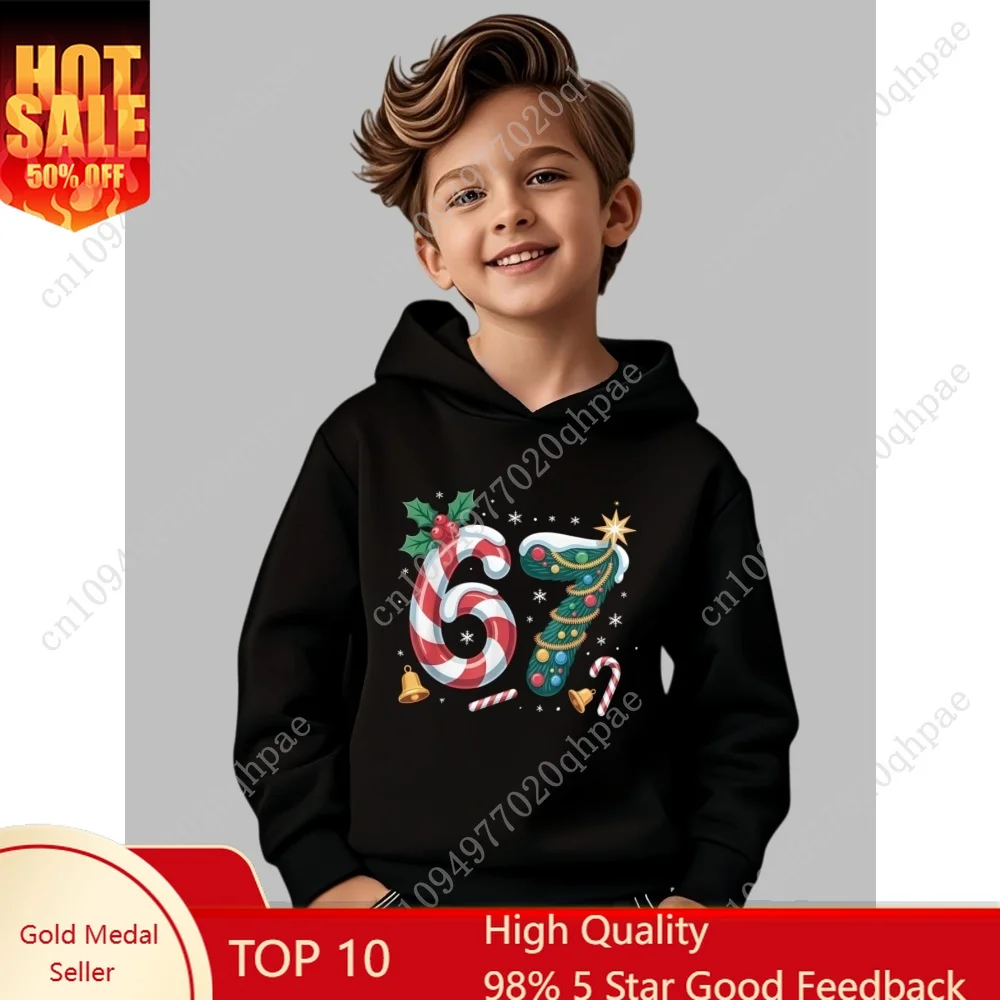 

2026 Christmas Kids Clothes Meme 67 Number Cane Print Casual Holiday Party Long Sleeve Pullover Sweatshirt Children's Clothing