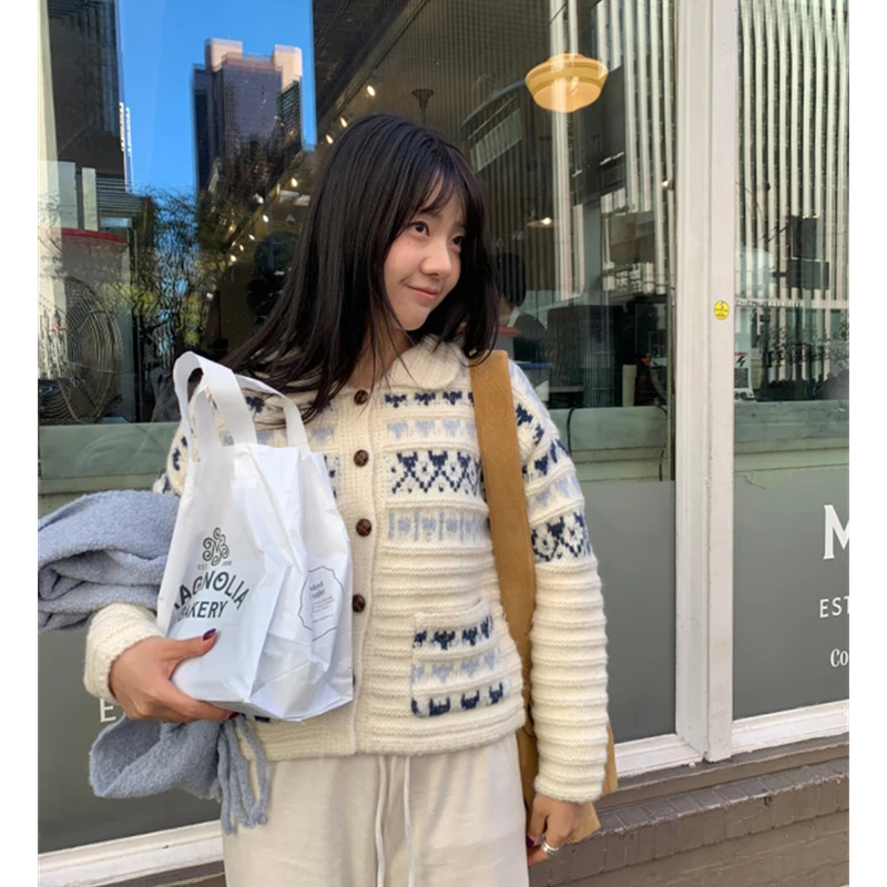 

MEXZT Vintage Print Knitted Cardigan Women Harajuku Patchwork Sweater Outerwears Korean Long Sleeve Knitwears Winter Jumpers New