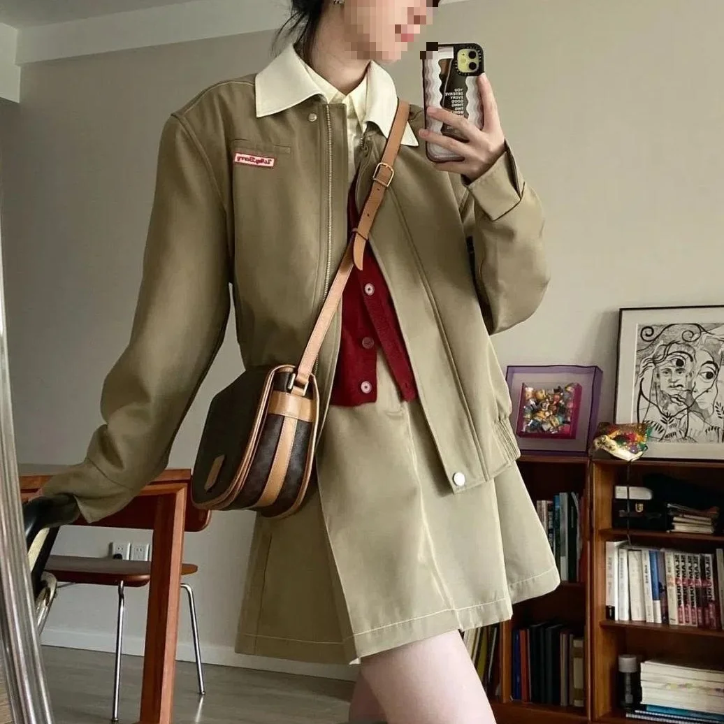 

Women's Two-Piece Set Vintage Turn-down Collar Jacket Coat with Half Skirt Fashionable Casual H-Shape PVC Fabric