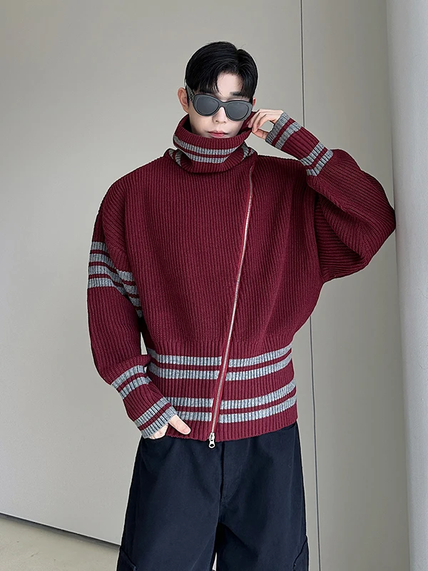

Casual High Collar Men's Knitted Sweater Striped Color Blo Zipper Leisure Wool Blend Outerwear Versatile Faionable
