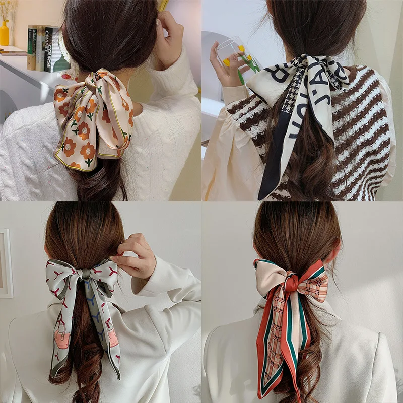 Fashion Printing Chiffon Check Grace Long Ribbon  Bow Lady Headdress Scrunchie Ponytail Holder Tie Women Silk Scarves Hair Band