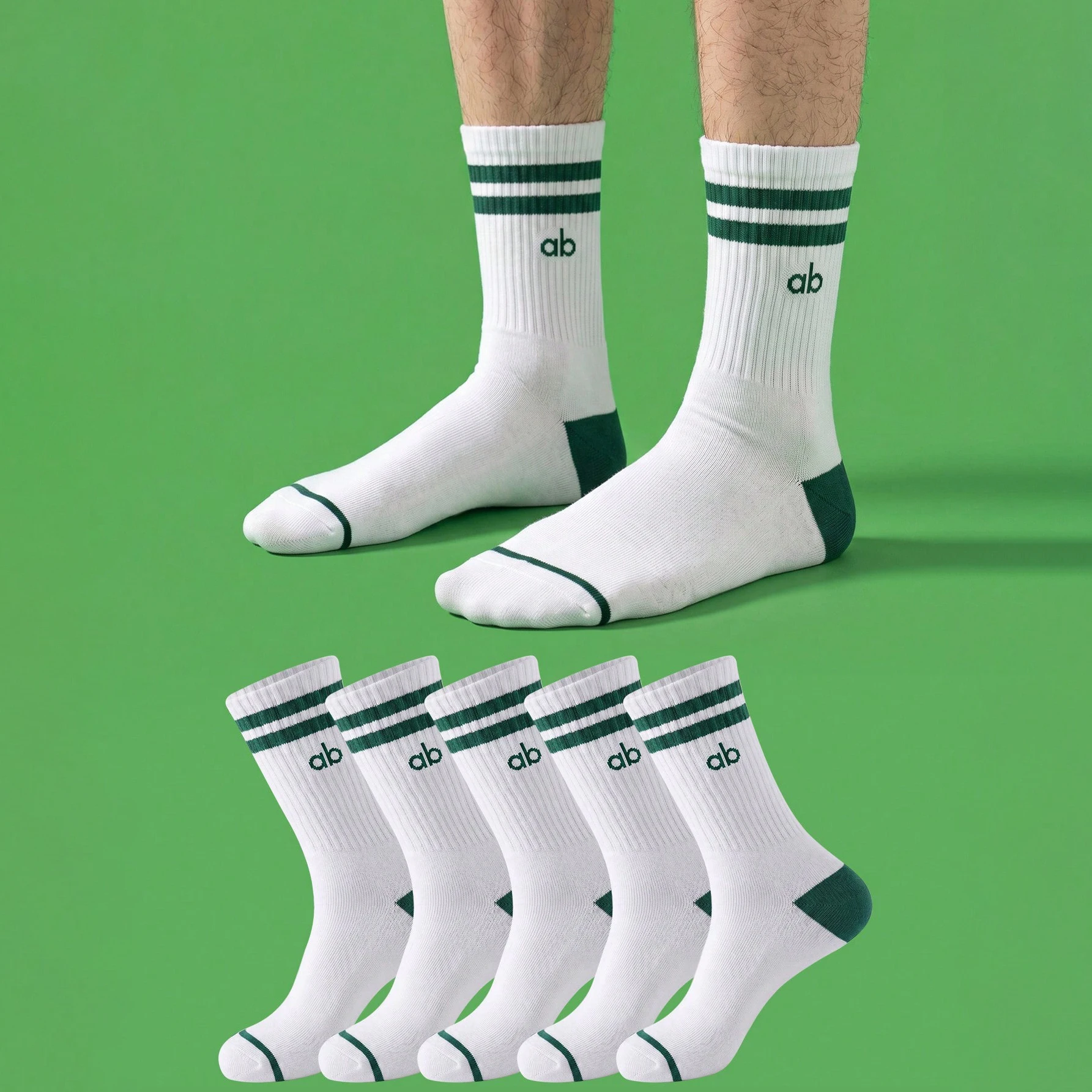 5 Pairs of Japanese-Style Simple White and Green Striped Men's Mid-Calf Socks, Minimalist Ab Letter Sports Casual Mid-Calf Socks, Breathable and Sweat-Absorbent for Summer, Non-Stuffy, Versatile for Everyday Sneakers