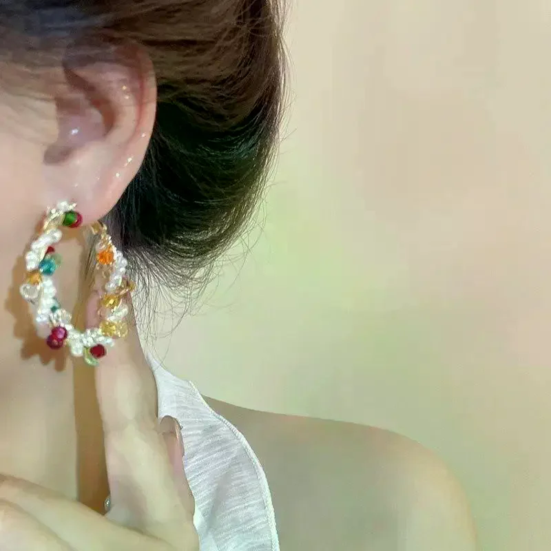 Colorful Dopamine Hoop Earrings For Women New Wrapped Beaded Earcuffs Large Circle Earrings Unique Chunky Threader Ear Jewelry