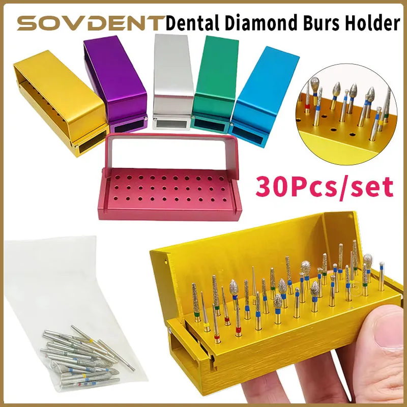 30-Hole Aluminum Dental Burs Kit with Color Holder Disinfection Box Diamond Burs for High Speed Handpiece Turbine