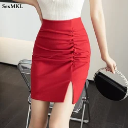 Elegant Office Skirts for Work 2026 Korean Fashion High Waist Green Pencil Faldas Slim Mid Length Red Bodycon Black Skirt Women