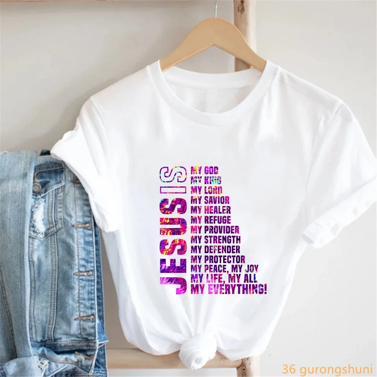 Watercolor Jesus Is My God/King/Lord/Life Letter Printed T Shirt Women Summer Fashion Short Sleeve T-Shirt White Casual Tops