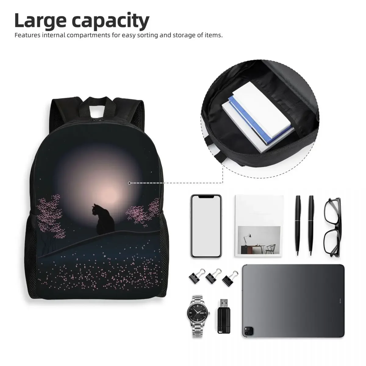 Custom Black Cat On A Beautiful Night With Full Moon Laptop Backpack Men Women Casual Bookbag for School College Student Bag