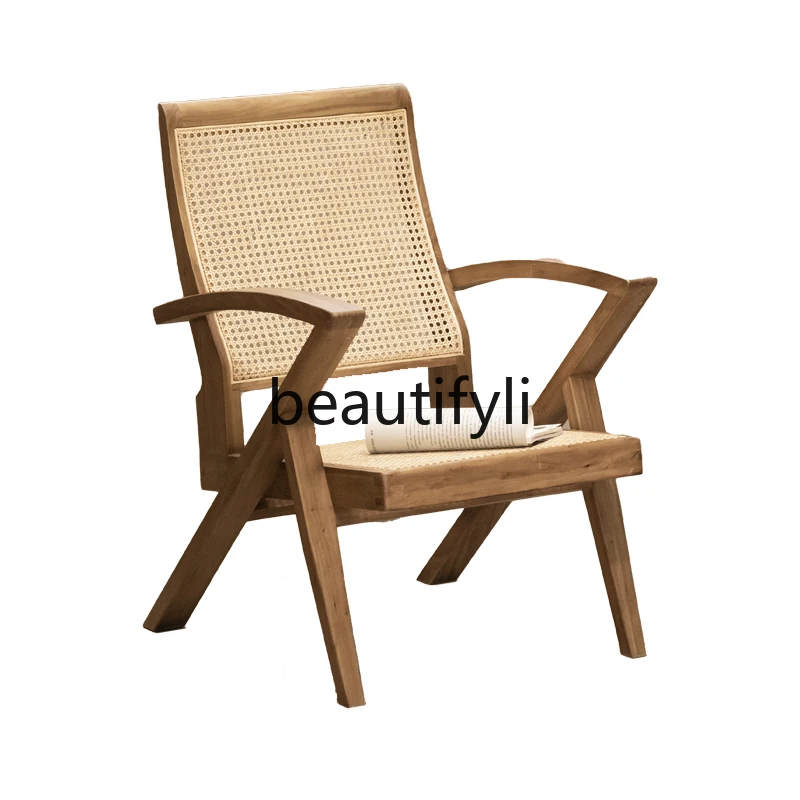 Medieval replica solid wood rattan sofa chair Japanese leisure chair log balcony deck chair B & B