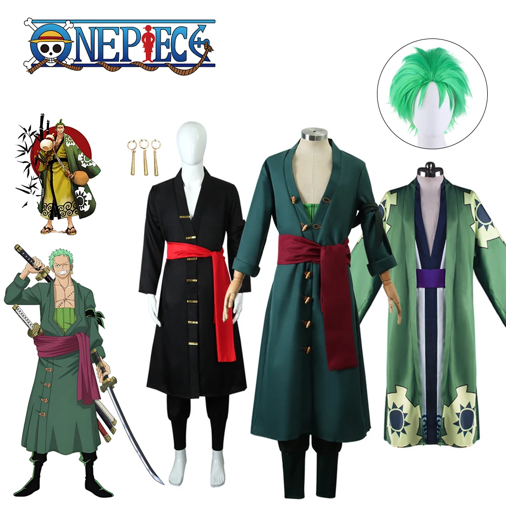 The whole series Anime Roronoa Zoro Cosplay Costume Uniform Green Coat Belt Pants Head Scarf Roronoa Zoro Wig Earrings Halloween