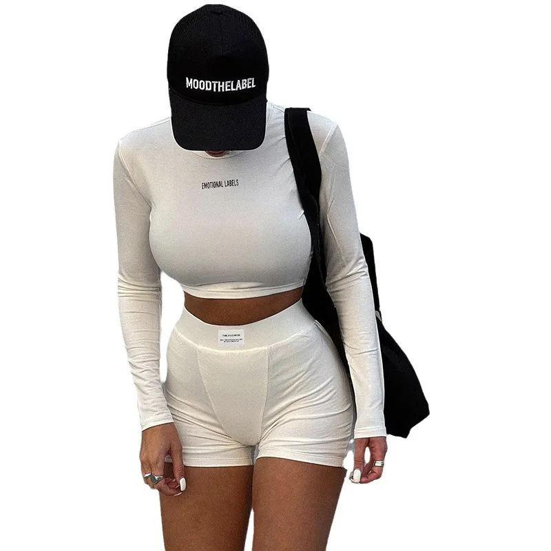 

Лето 2021, новая женская одежда, трикотажная однотонная футболка с длинными рукавами и шортами, комплект 1009