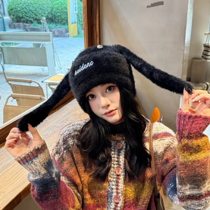 لطيف آذان أرنب صغير الأبيض أفخم تو قبعة الباردة قبعة المرأة الخريف والشتاء سدادات حماية الأذن قبعة دافئة كومة فتاة هدية H1
