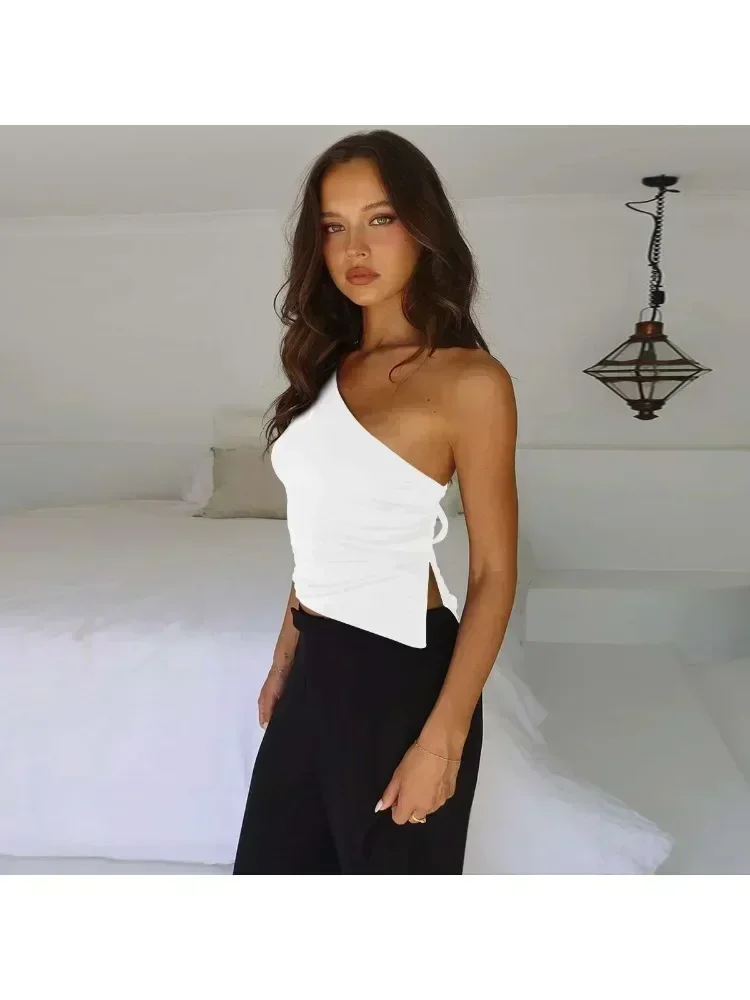 Women's Sexy Diagonal Shoulder Strap Sleeveless Backless Tight Top Seaside Nightclub Party 2024 New Model image 4