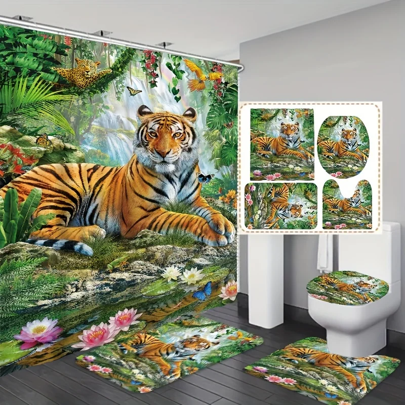 1/3/4pcs Forest Tiger Printed Shower Curtain Set, Waterproof Shower Curtain With Hooks, Non-Slip Bath Rug, Toilet U-Shape Mat, T